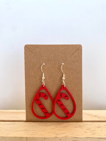Teardrop Candy Cane Earrings in red.