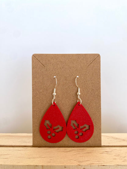Teardrop Mistletoe Silhouette Earrings in red.