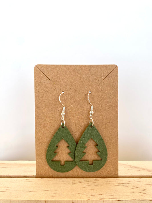 Teardrop Christmas Tree Silhouette Earrings in green.