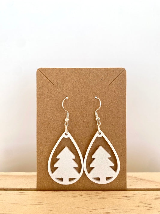 Teardrop Christmas Tree Earrings I in white.