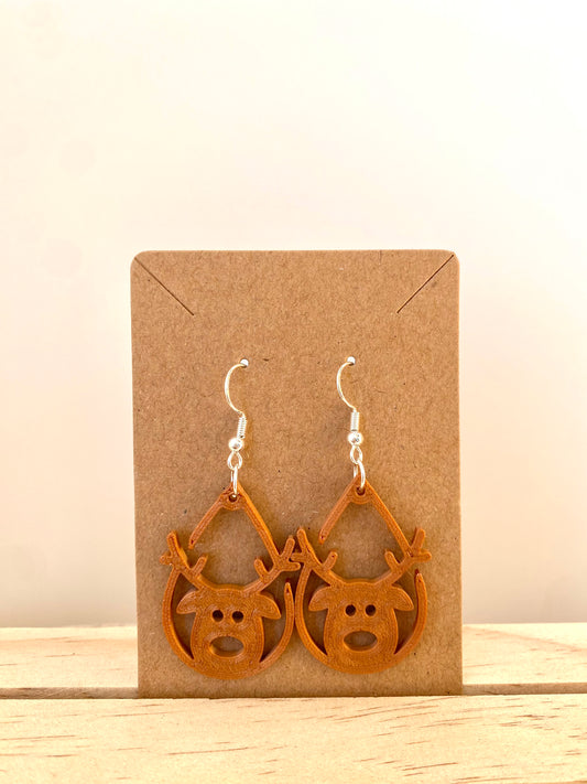 Teardrop Reindeer Face Earrings in copper.