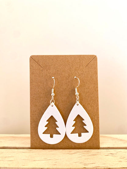Teardrop Christmas Tree Silhouette Earrings in white.