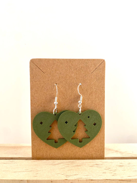 Heart Christmas Tree Earrings in green.