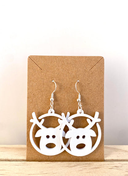 Circle Reindeer Face Earrings in white.