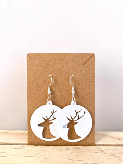 Circle Reindeer Silhouette Earrings in white.